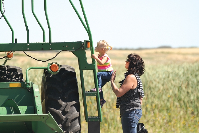 A scene from last year's Harvest of Hope - Nicky Van Deventer and Madison Berbrandt climbing onto a combine